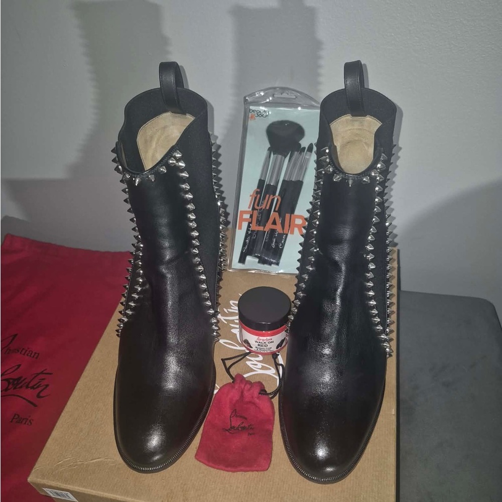 Christian Louboutin Black Studded Leather Boots Signature Red Sole, Edgy Chic